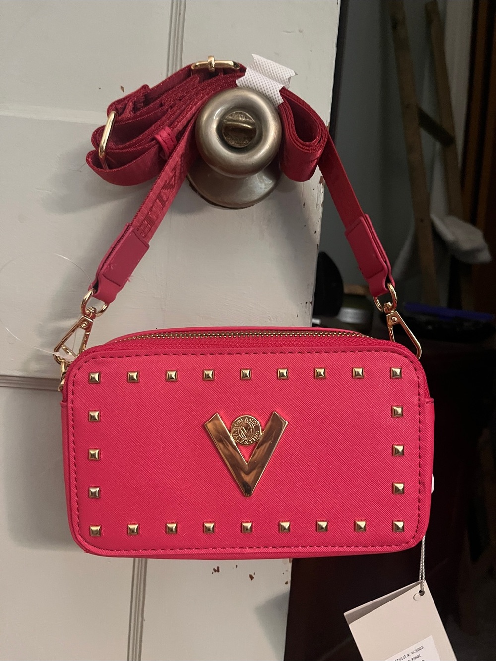Valentino Orlandi Hot Pink Studded Crossbody Bag with Gold Hardware